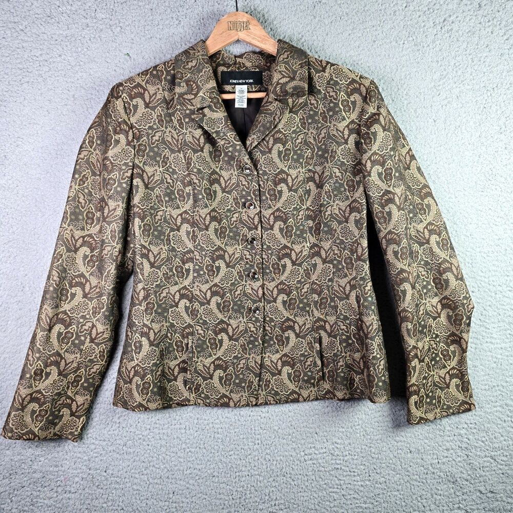 Jones New York Brocade Paisley Blazer Brown Waist Tab Button Lined Career Pocket